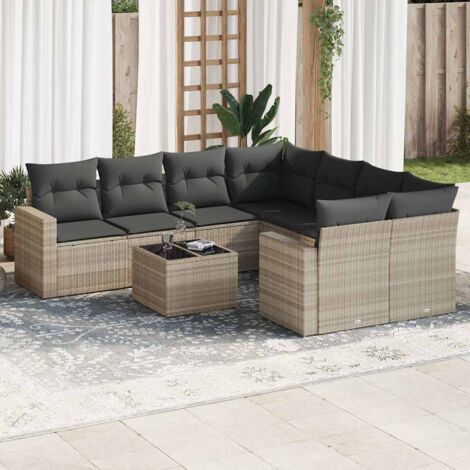 Set muebles jardín 9 pzas y cojines ratán sintético gris claro vidaXL (1/3)
