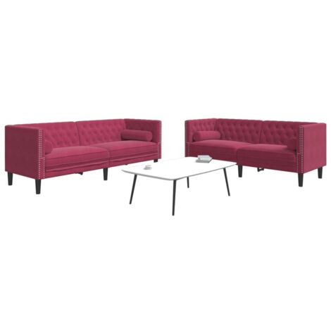 Set sofás Chesterfield con cojines 2 pzas terciopelo rojo tinto vidaXL