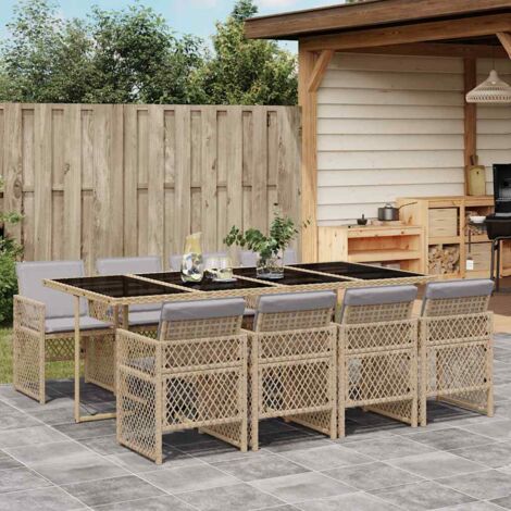 Set comedor de jardín 9 pzas con cojines ratán sintético beige