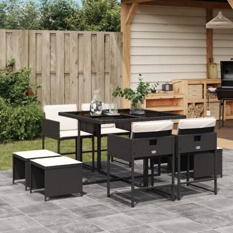 Set de comedor de jardín 9 pzas y cojines ratán sintético negro vidaXL