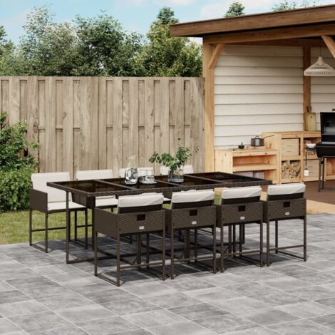 Set comedor para jardín 9 pzas y cojines ratán sintético marrón vidaXL