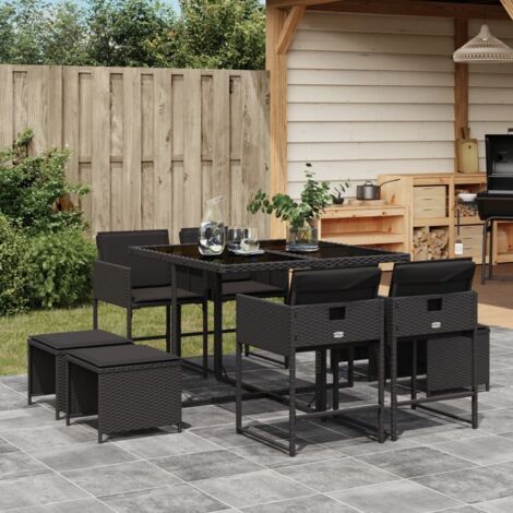 Set de comedor de jardín 9 pzas y cojines ratán sintético negro vidaXL