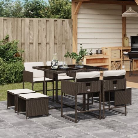 Set comedor para jardín 9 pzas y cojines ratán sintético marrón vidaXL