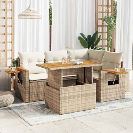Set sofás jardín y cojines 5 pzas ratán sintético acacia beige vidaXL