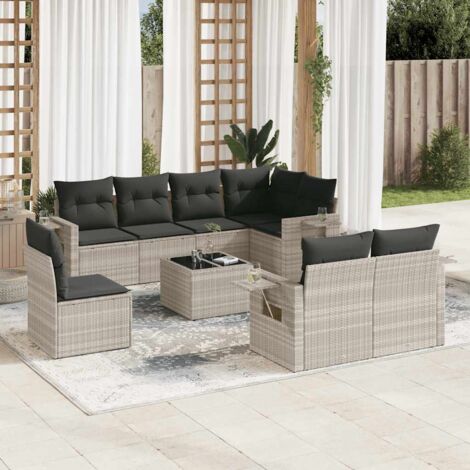 Set muebles jardín 9 pzas y cojines ratán sintético gris claro vidaXL (1/5)