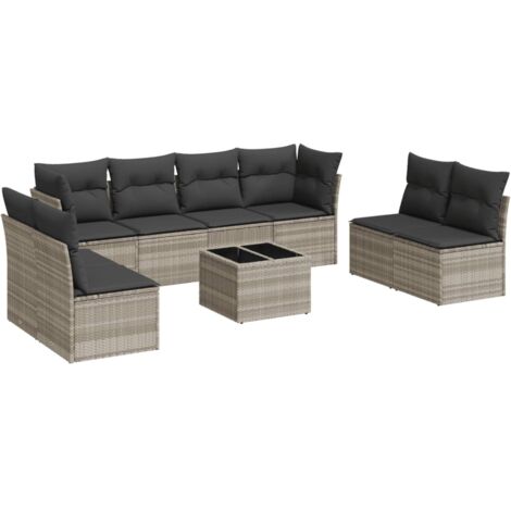 Set muebles jardín 9 pzas y cojines ratán sintético gris claro vidaXL (1/4)