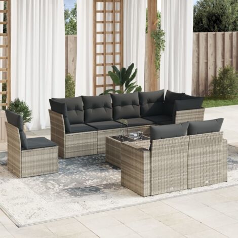 Set muebles jardín 9 pzas y cojines ratán sintético gris claro vidaXL (1/3)