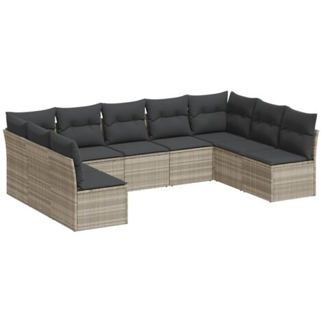 Set muebles jardín 9 pzas y cojines ratán sintético gris claro vidaXL (1/4)