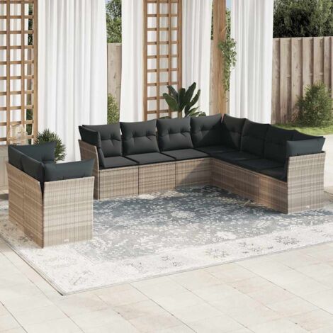 Set muebles jardín 9 pzas y cojines ratán sintético gris claro vidaXL (1/3)