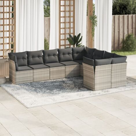 Set muebles jardín 9 pzas y cojines ratán sintético gris claro vidaXL (1/3)