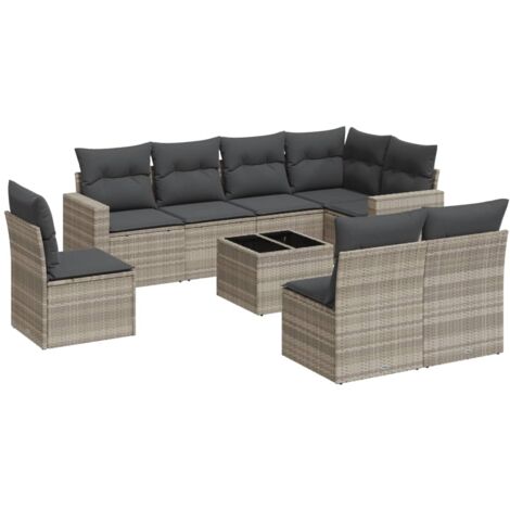 Set muebles jardín 9 pzas y cojines ratán sintético gris claro vidaXL (1/4)