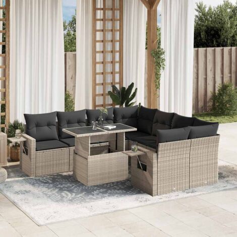 Set muebles jardín 9 pzas y cojines ratán sintético gris claro vidaXL (1/5)