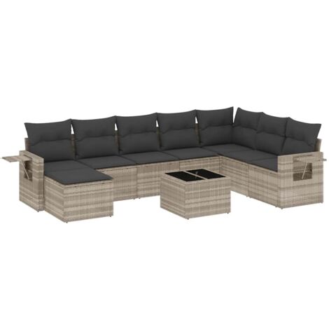 Set muebles jardín 9 pzas y cojines ratán sintético gris claro vidaXL (1/5)