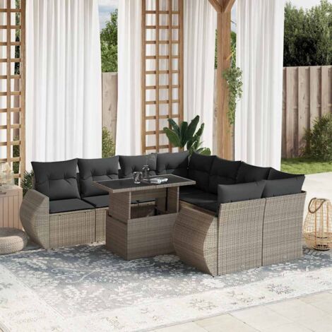 Set muebles jardín 9 pzas y cojines ratán sintético gris claro vidaXL (1/5)