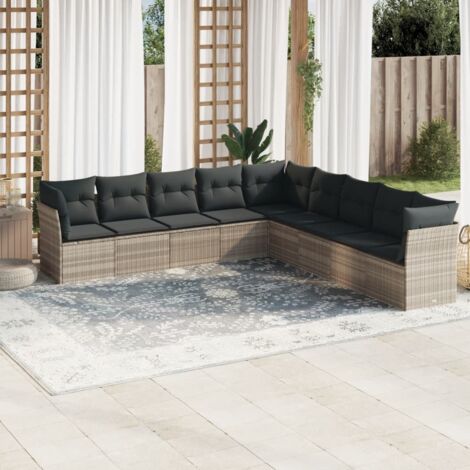 Set muebles jardín 9 pzas y cojines ratán sintético gris claro vidaXL (1/3)