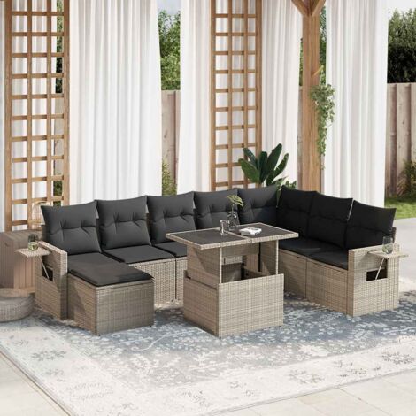 Set muebles jardín 9 pzas y cojines ratán sintético gris claro vidaXL (1/5)