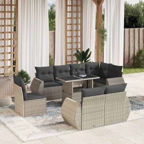 Set muebles jardín 9 pzas y cojines ratán sintético gris claro (1/5)