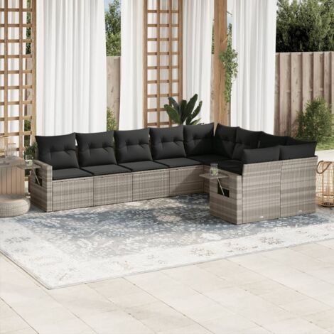 Set muebles jardín 9 pzas y cojines ratán sintético gris claro vidaXL (1/3)