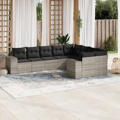 Set muebles jardín 9 pzas y cojines ratán sintético gris claro vidaXL (1/5)