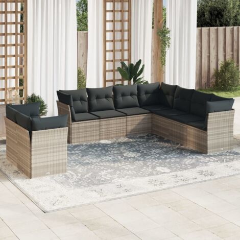 Set muebles jardín 9 pzas y cojines ratán sintético gris claro vidaXL (1/3)