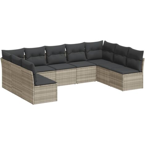 Set muebles jardín 9 pzas y cojines ratán sintético gris claro vidaXL (1/4)