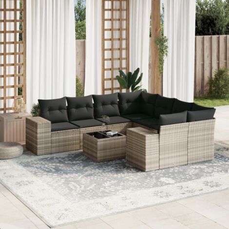 Set muebles jardín 9 pzas y cojines ratán sintético gris claro vidaXL (1/3)
