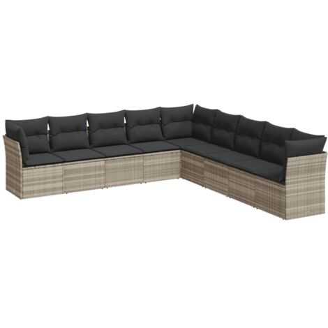 Set muebles jardín 9 pzas y cojines ratán sintético gris claro vidaXL (1/4)