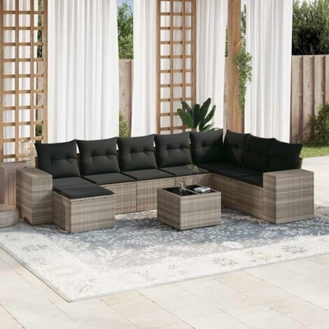 Set muebles jardín 9 pzas y cojines ratán sintético gris claro vidaXL (1/5)