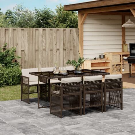 Set comedor de jardín 7 pzas con cojines ratán sintético marrón