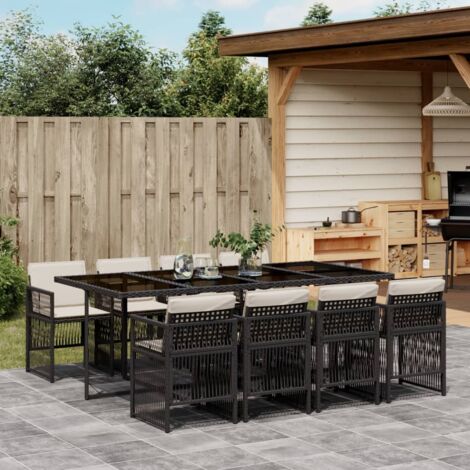 Set de comedor de jardín 9 pzas y cojines ratán sintético negro vidaXL (1/5)