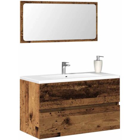 Mueble de baño con espejo de madera antigua madera ingeniería vidaXL