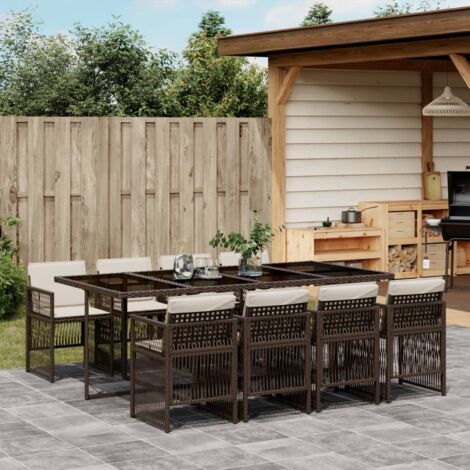 Set comedor para jardín 9 pzas y cojines ratán sintético marrón