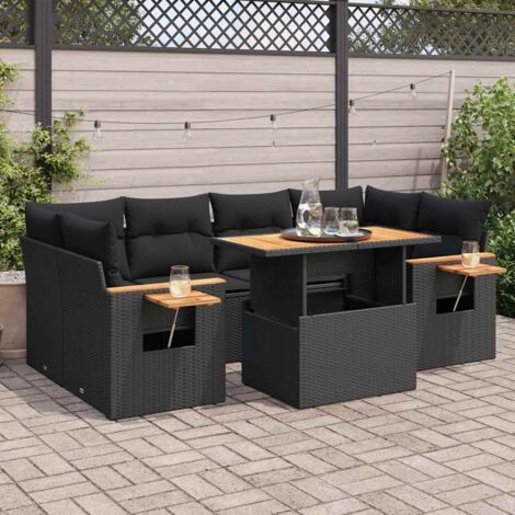 Set sofás jardín y cojines 7 pzas ratán sintético acacia negro vidaXL