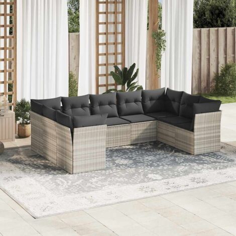 Set muebles jardín 9 pzas y cojines ratán sintético gris claro vidaXL (1/3)