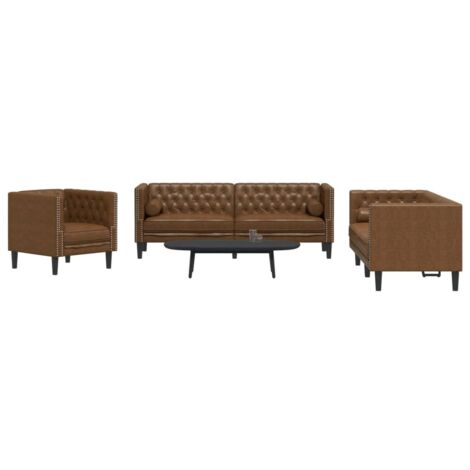 Set de sofás Chesterfield y cojines 3 pzs ante sintético marrón vidaXL