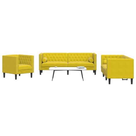 Set de sofás Chesterfield y cojines 3 pzas terciopelo amarillo vidaXL