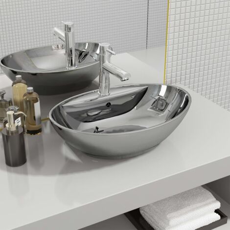 Lavabo con rebosadero 58,5x39x21 cm cerámica plateado vidaXL