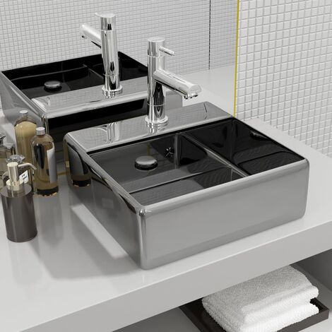 Lavabo con rebosadero 41x41x15 cm cerámica plateado vidaXL