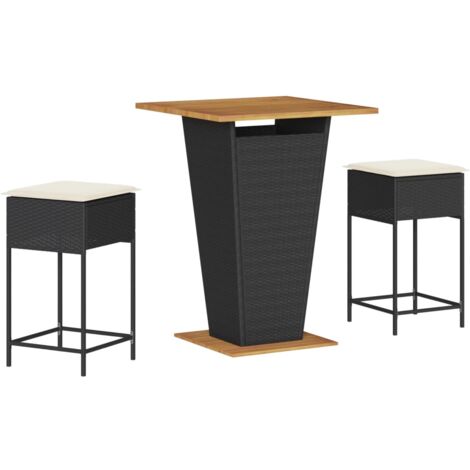 Mesa y taburetes altos jardín 3 piezas y cojines ratán PE negro vidaXL (1/5)