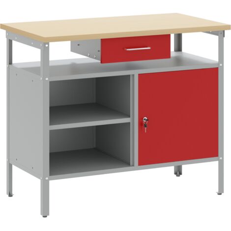 vidaXL Banco de trabajo puerta con cerradura acero rojo 100x55x85 cm