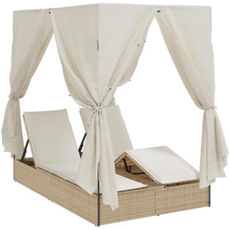 vidaXL Lounger doble para el sol con techo y cortinas Beige