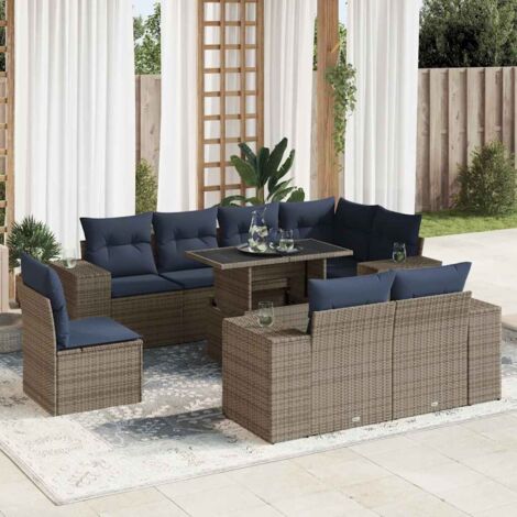 Juego Sofá Jardín 9 Piezas con Cojines Gris Poli Ratán Acacia vidaXL (1/5)