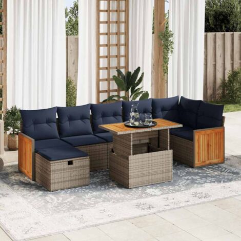 Juego Sofá Jardín 8 Piezas con Cojines Gris Poli Ratán Acacia vidaXL (1/5)