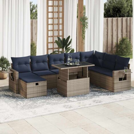 Juego Sofá Jardín 9 Piezas con Cojines Gris Poli Ratán Acacia vidaXL (1/5)