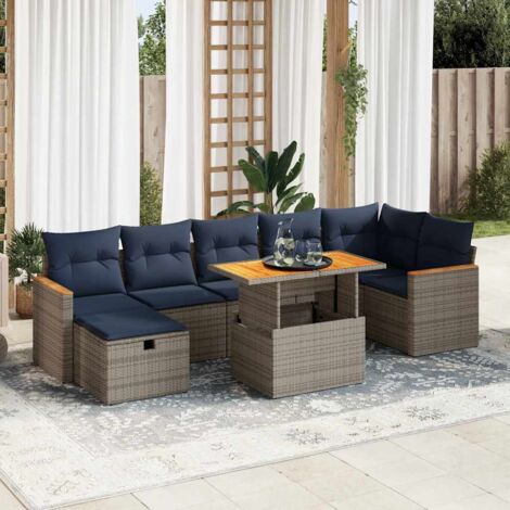 Juego Sofá Jardín 8 Piezas con Cojines Gris Poli Ratán Acacia vidaXL (1/5)