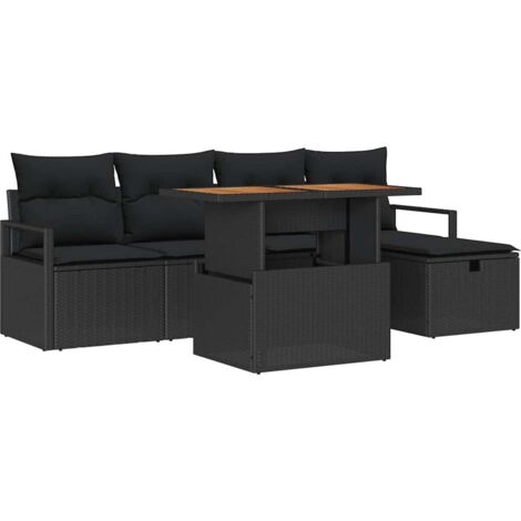 Conjunto de sofá de jardín con cojín 6 pcs Negro Poliratán vidaXL (1/5)