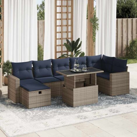 Juego Sofá Jardín 8 Piezas con Cojines Gris Poli Ratán Acacia vidaXL (1/5)