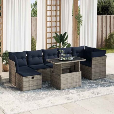 Juego Sofá Jardín 8 Piezas con Cojines Gris Poli Ratán Acacia vidaXL (1/5)