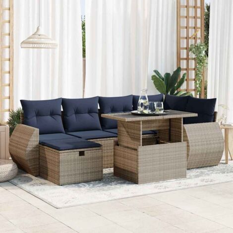 Juego Sofá Jardín 7 Piezas con Cojines Gris Poli Ratán Acacia vidaXL (1/5)