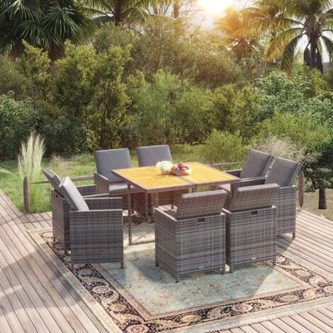 Set comedor jardín 9 pzas y cojines ratán sintético gris vidaXL